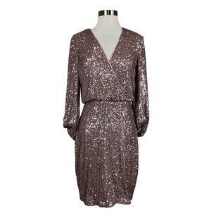 Eliza J Women's Long Sleeved Sequined V-Neck Sheath Cocktail Dress Pink Size 6
